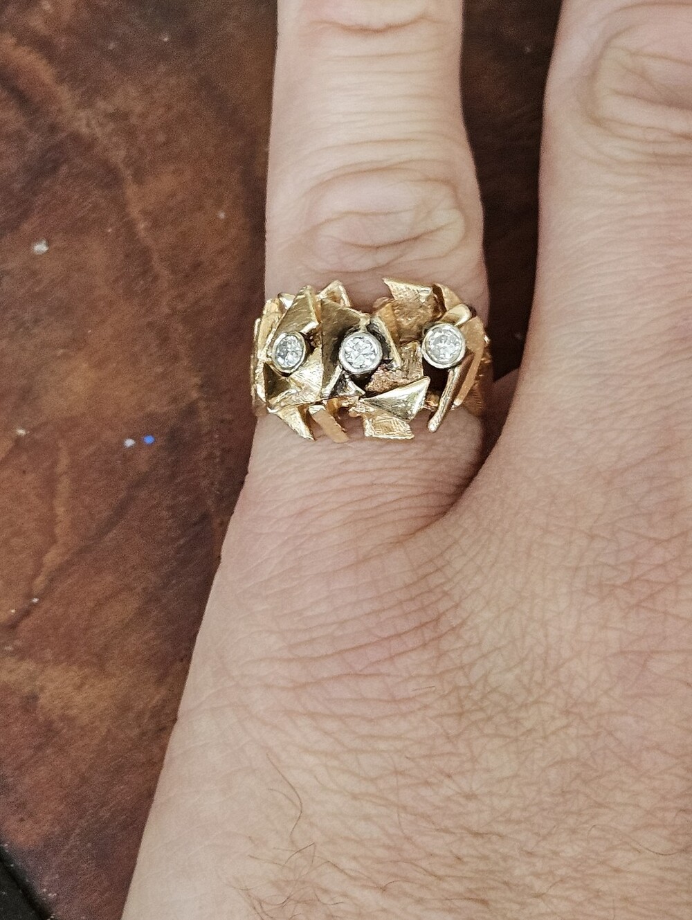 Vintage European Solid 14k 585 MCM Brutalist 3 Stone Diamond Nugget Ring - Picture 6 of 11